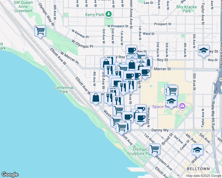 map of restaurants, bars, coffee shops, grocery stores, and more near 201 West Harrison Street in Seattle