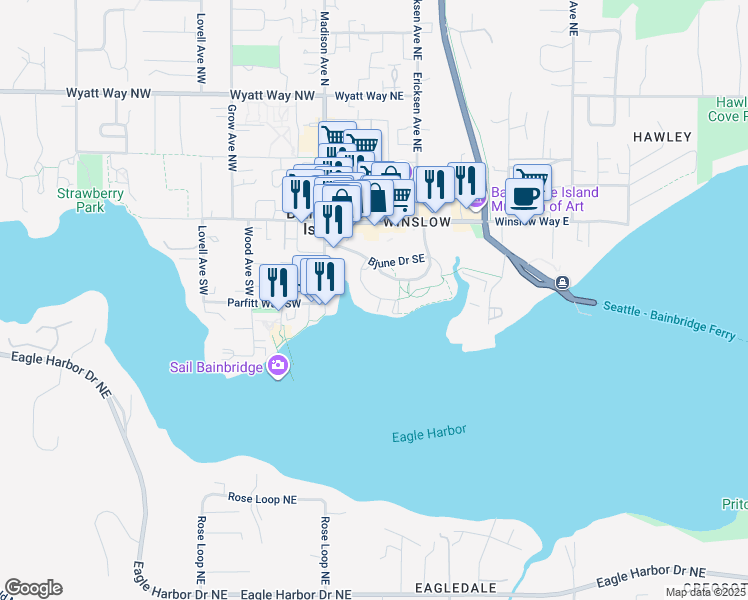 map of restaurants, bars, coffee shops, grocery stores, and more near 301 Shannon Drive Southeast in Bainbridge Island