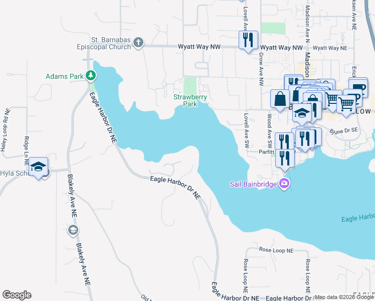 map of restaurants, bars, coffee shops, grocery stores, and more near 6320 Eagle Harbor Drive Northeast in Bainbridge Island