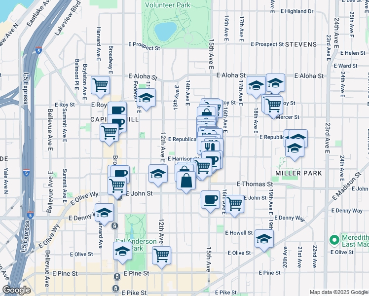 map of restaurants, bars, coffee shops, grocery stores, and more near 419 14th Avenue East in Seattle