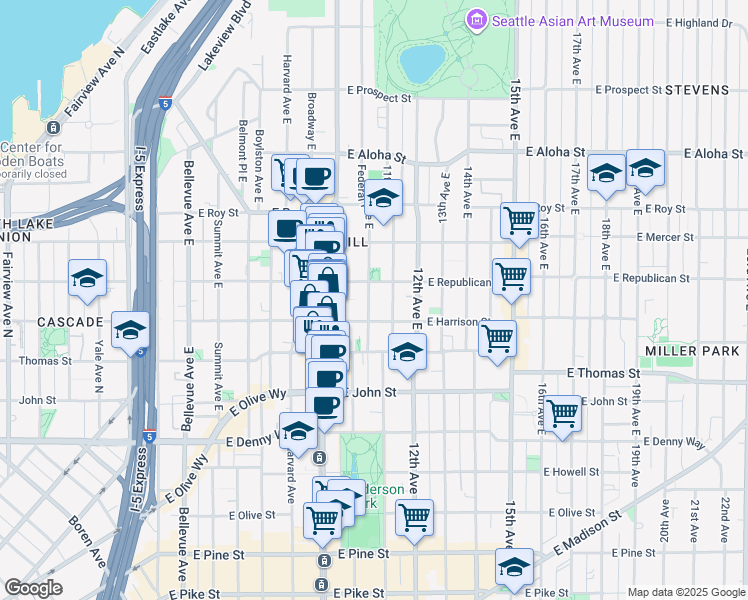 map of restaurants, bars, coffee shops, grocery stores, and more near 418 Federal Avenue East in Seattle