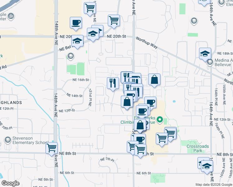 map of restaurants, bars, coffee shops, grocery stores, and more near 1400 154th Avenue Northeast in Bellevue