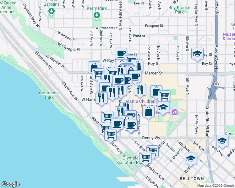 map of restaurants, bars, coffee shops, grocery stores, and more near 419 Queen Anne Avenue North in Seattle