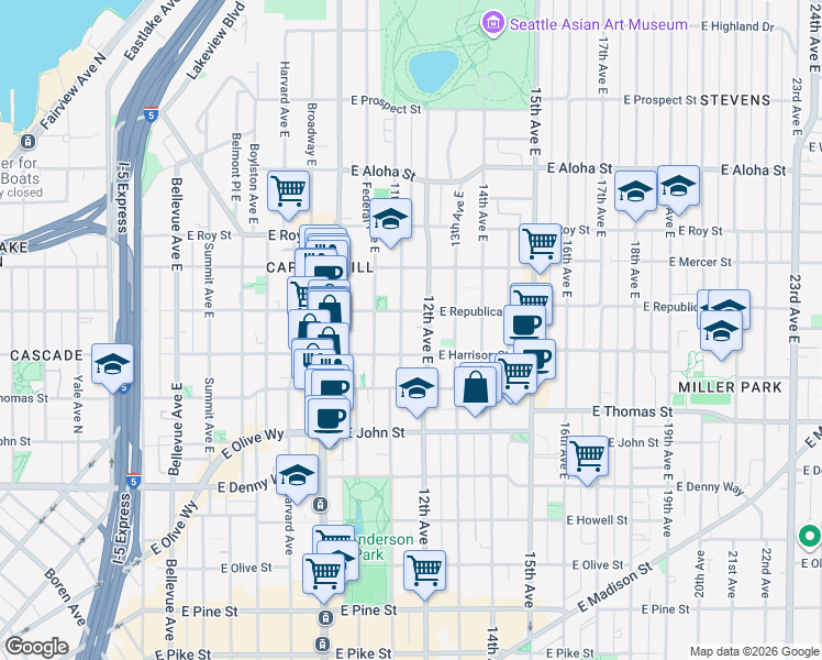 map of restaurants, bars, coffee shops, grocery stores, and more near 422 11th Avenue East in Seattle