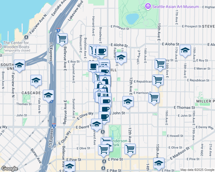 map of restaurants, bars, coffee shops, grocery stores, and more near 421 10th Avenue East in Seattle