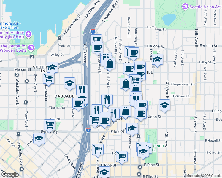 map of restaurants, bars, coffee shops, grocery stores, and more near 422 Summit Avenue East in Seattle