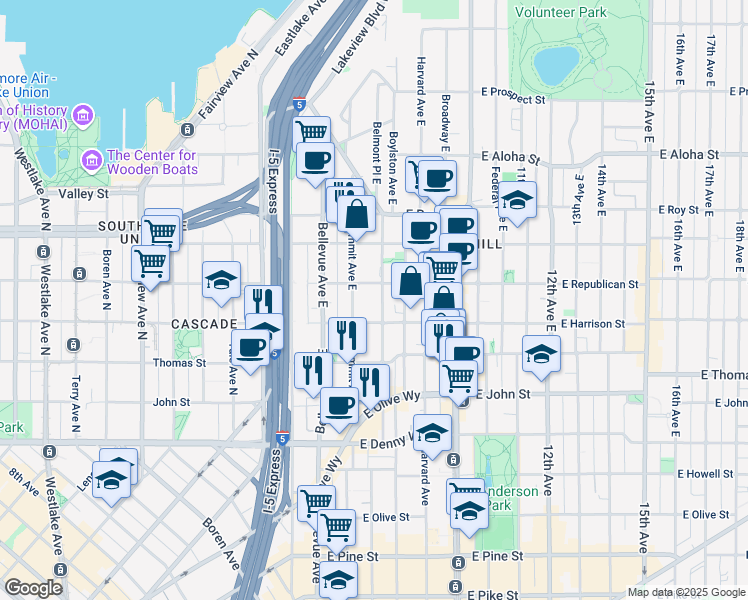 map of restaurants, bars, coffee shops, grocery stores, and more near 502 East Harrison Street in Seattle