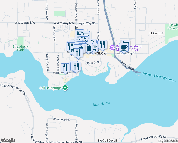 map of restaurants, bars, coffee shops, grocery stores, and more near 289 Shannon Drive Southeast in Bainbridge Island