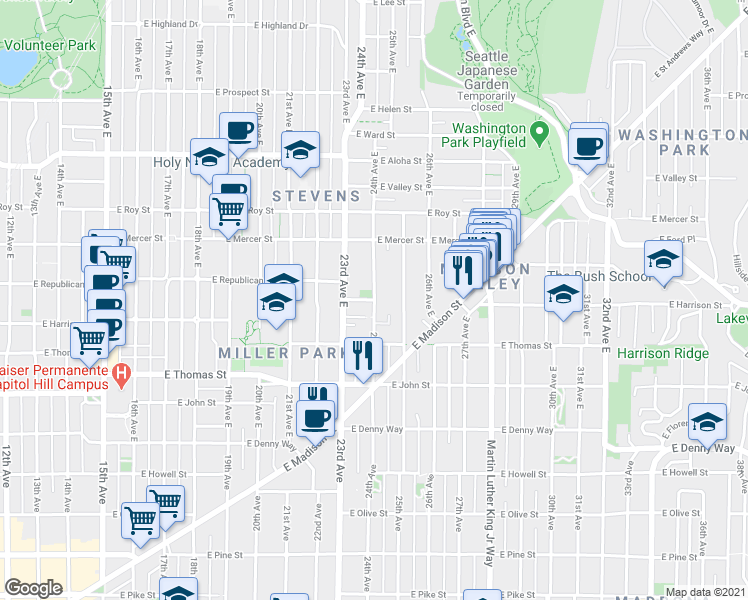 map of restaurants, bars, coffee shops, grocery stores, and more near 24th Ave E & E Harrison St in Seattle