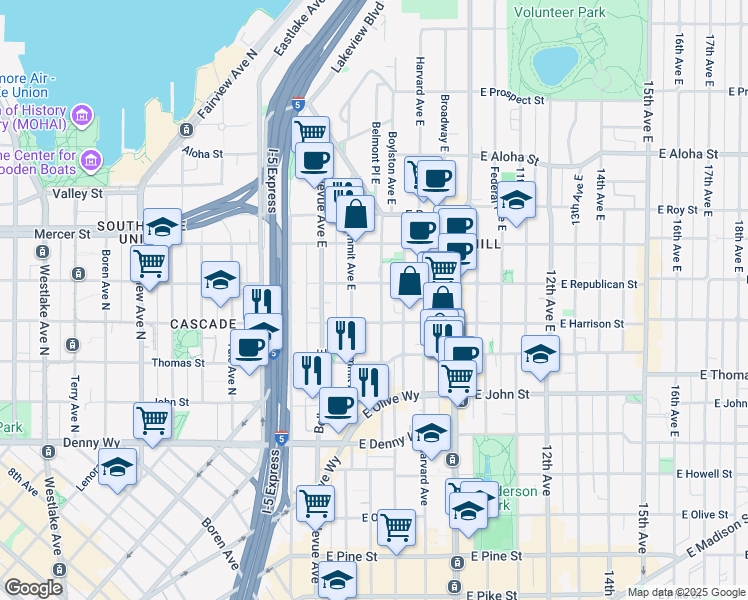 map of restaurants, bars, coffee shops, grocery stores, and more near 502 East Harrison Street in Seattle
