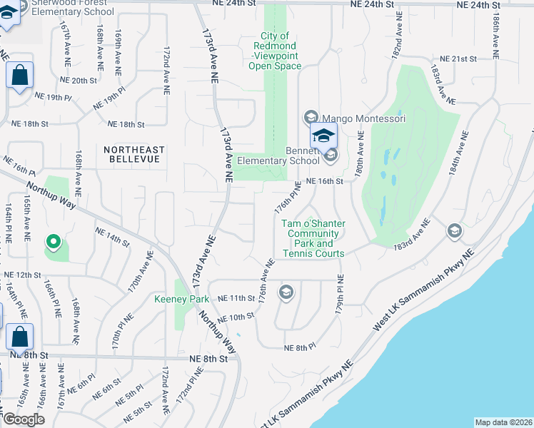 map of restaurants, bars, coffee shops, grocery stores, and more near 1304 175th Place Northeast in Bellevue