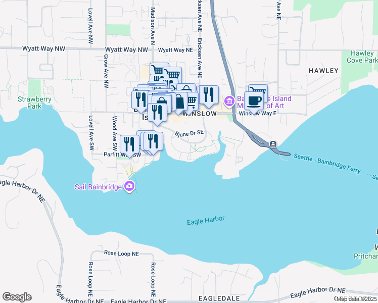 map of restaurants, bars, coffee shops, grocery stores, and more near 301 Shannon Drive Southeast in Bainbridge Island
