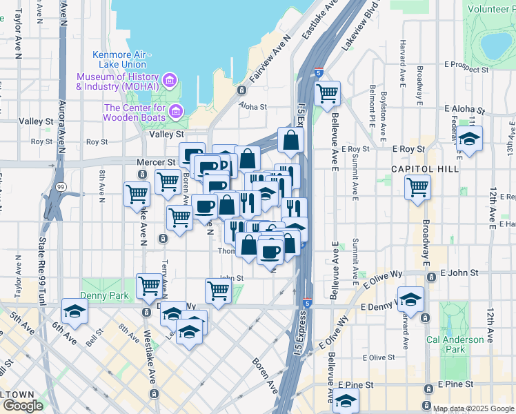 map of restaurants, bars, coffee shops, grocery stores, and more near 420 Pontius Avenue North in Seattle