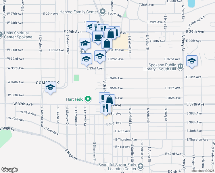 map of restaurants, bars, coffee shops, grocery stores, and more near 3427 South Grand Boulevard in Spokane