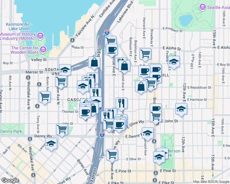 map of restaurants, bars, coffee shops, grocery stores, and more near 418 Bellevue Avenue East in Seattle