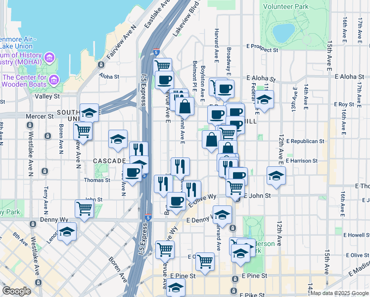 map of restaurants, bars, coffee shops, grocery stores, and more near 422 Summit Avenue East in Seattle