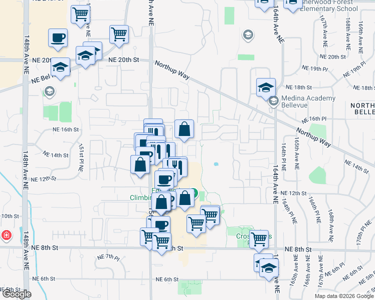 map of restaurants, bars, coffee shops, grocery stores, and more near 1401 158th Place Northeast in Bellevue