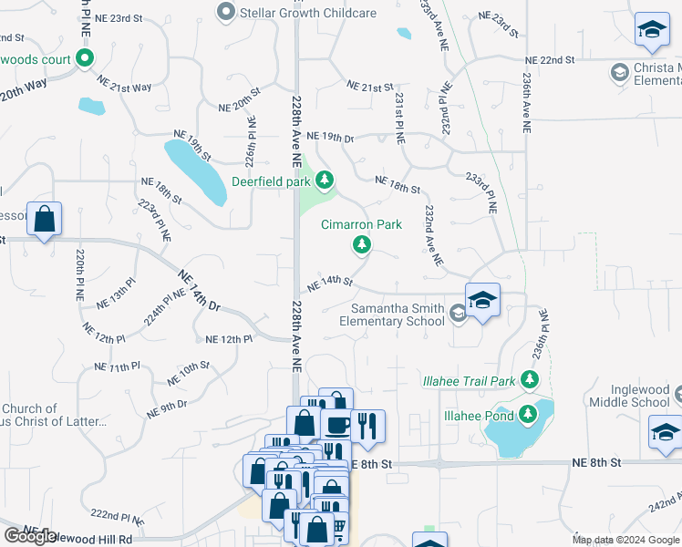 map of restaurants, bars, coffee shops, grocery stores, and more near 22844 Northeast 14th Street in Sammamish