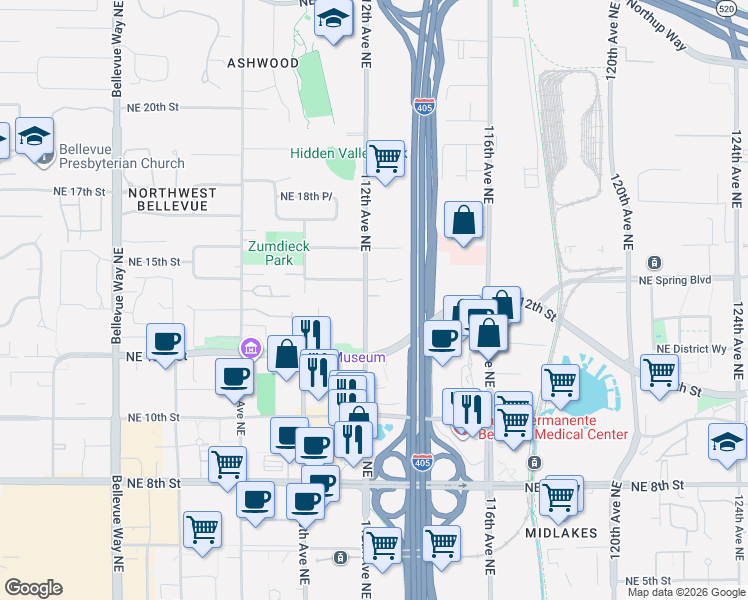map of restaurants, bars, coffee shops, grocery stores, and more near 11223 Northeast 13th Street in Bellevue