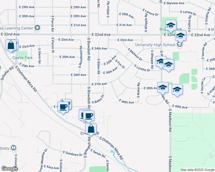 map of restaurants, bars, coffee shops, grocery stores, and more near 3716 South Reeves Road in Spokane Valley