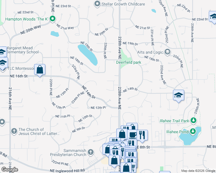 map of restaurants, bars, coffee shops, grocery stores, and more near 22633 Northeast 14th Place in Sammamish