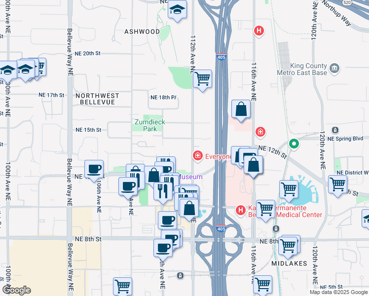 map of restaurants, bars, coffee shops, grocery stores, and more near 1219 112th Avenue Northeast in Bellevue