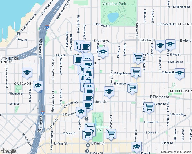 map of restaurants, bars, coffee shops, grocery stores, and more near 1017 East Harrison Street in Seattle