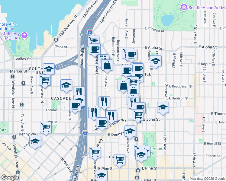 map of restaurants, bars, coffee shops, grocery stores, and more near 502 East Harrison Street in Seattle