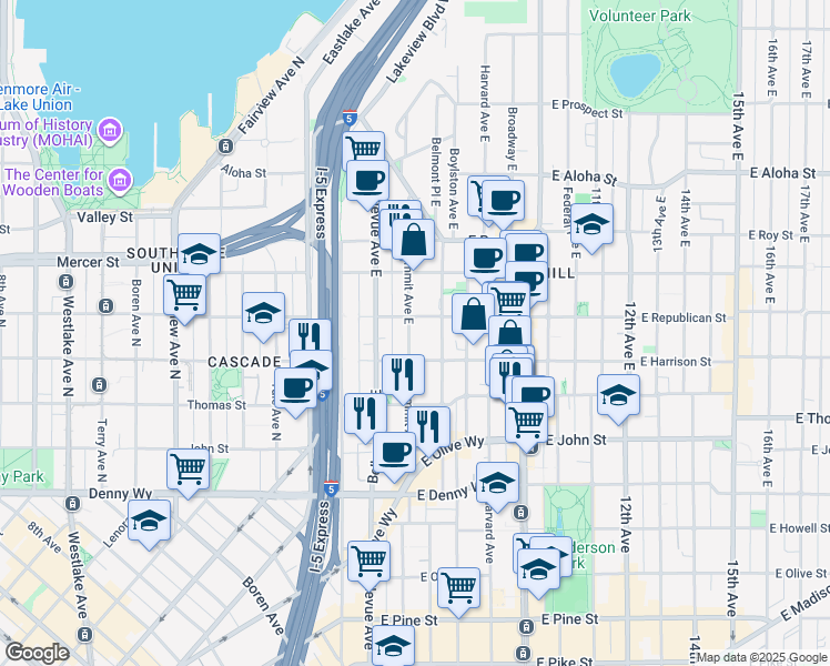 map of restaurants, bars, coffee shops, grocery stores, and more near 502 East Harrison Street in Seattle
