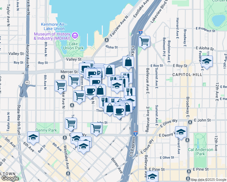 map of restaurants, bars, coffee shops, grocery stores, and more near 420 Pontius Avenue North in Seattle