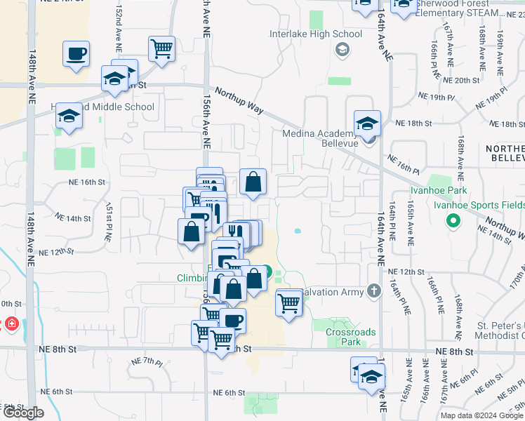 map of restaurants, bars, coffee shops, grocery stores, and more near 15751 Northeast 15th Street in Bellevue