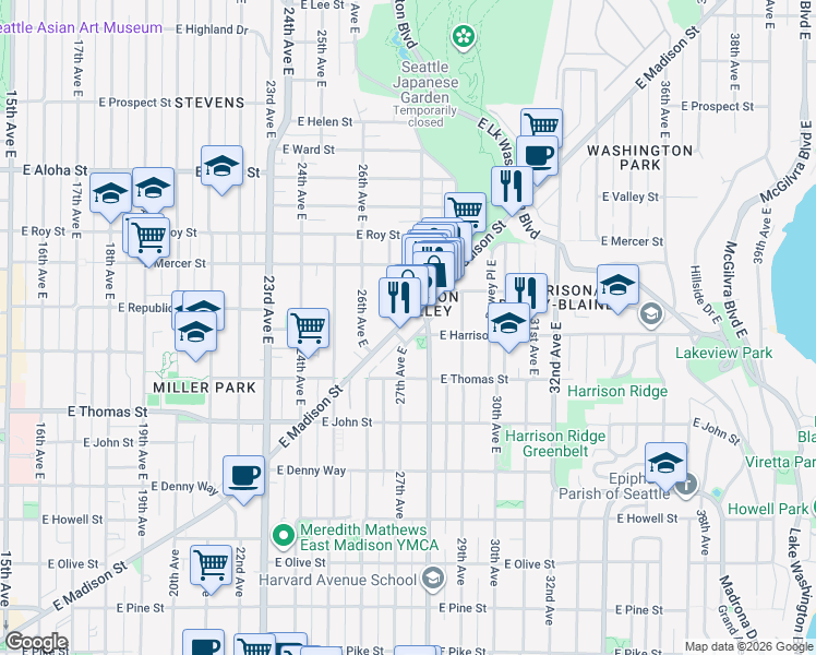 map of restaurants, bars, coffee shops, grocery stores, and more near in Seattle