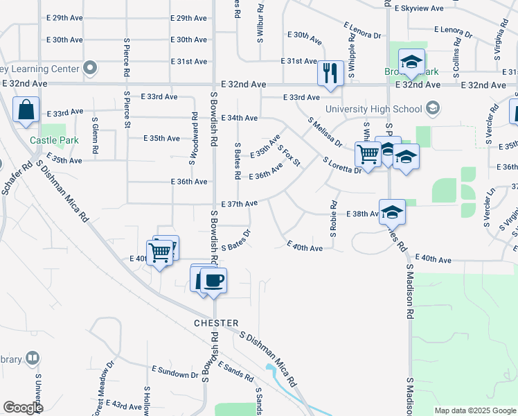 map of restaurants, bars, coffee shops, grocery stores, and more near 3716 South Reeves Road in Spokane Valley