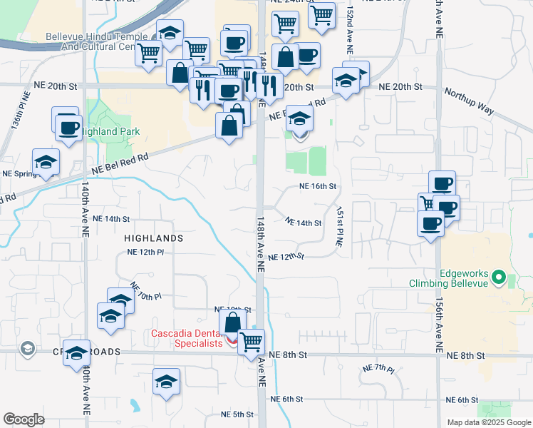 map of restaurants, bars, coffee shops, grocery stores, and more near 10455 Northeast 15th Street in Bellevue