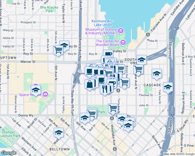 map of restaurants, bars, coffee shops, grocery stores, and more near 430 8th Avenue North in Seattle