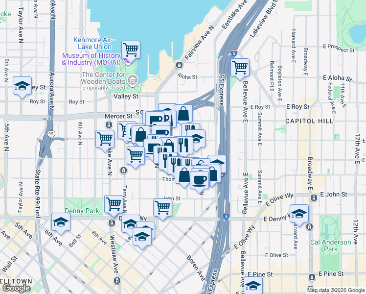 map of restaurants, bars, coffee shops, grocery stores, and more near 425 Pontius Avenue North in Seattle