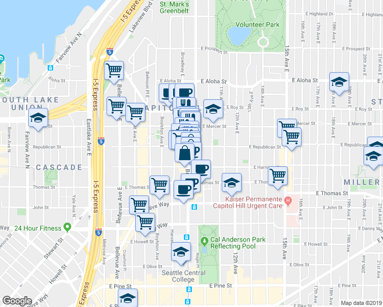map of restaurants, bars, coffee shops, grocery stores, and more near 426 Broadway East in Seattle