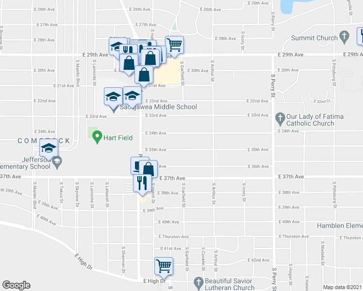 map of restaurants, bars, coffee shops, grocery stores, and more near 825 East 35th Avenue in Spokane