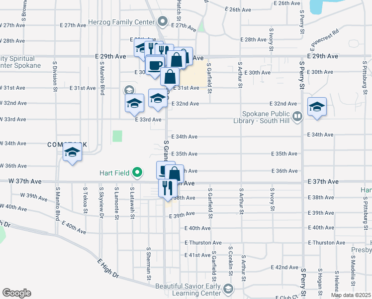 map of restaurants, bars, coffee shops, grocery stores, and more near 622 East 34th Avenue in Spokane