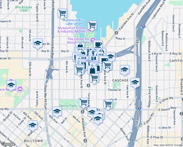 map of restaurants, bars, coffee shops, grocery stores, and more near 410 Terry Avenue North in Seattle