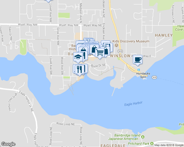 map of restaurants, bars, coffee shops, grocery stores, and more near 447 Shannon Drive Southeast in Bainbridge Island