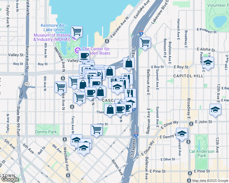 map of restaurants, bars, coffee shops, grocery stores, and more near 420 Pontius Avenue North in Seattle