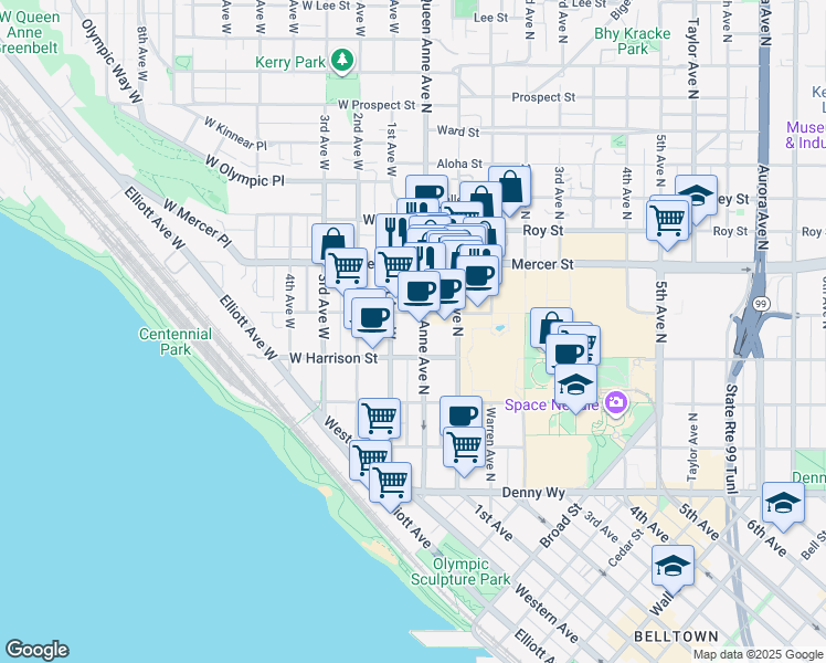 map of restaurants, bars, coffee shops, grocery stores, and more near 500 Queen Anne Avenue North in Seattle