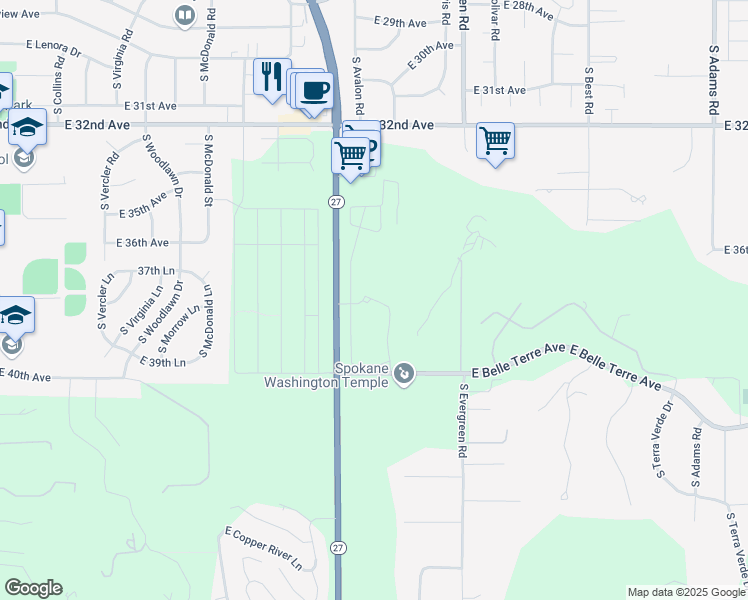 map of restaurants, bars, coffee shops, grocery stores, and more near 3711 Washington 27 in Spokane