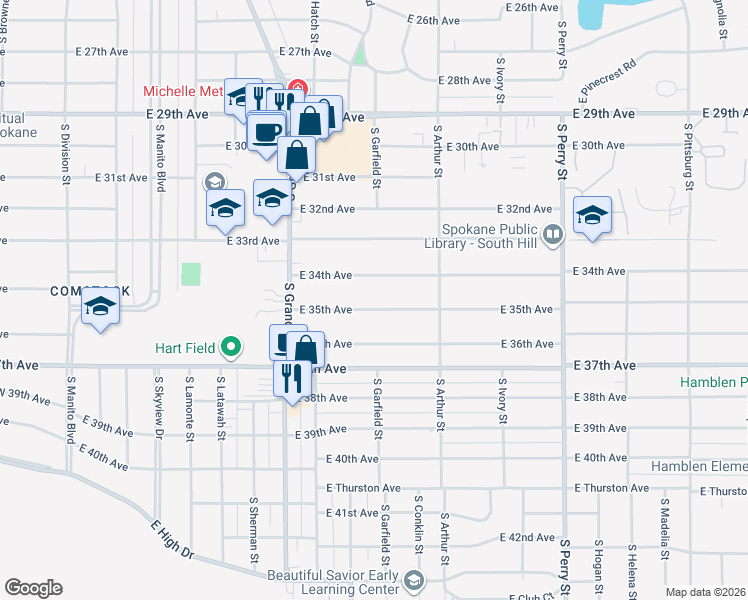 map of restaurants, bars, coffee shops, grocery stores, and more near 904 East 34th Avenue in Spokane