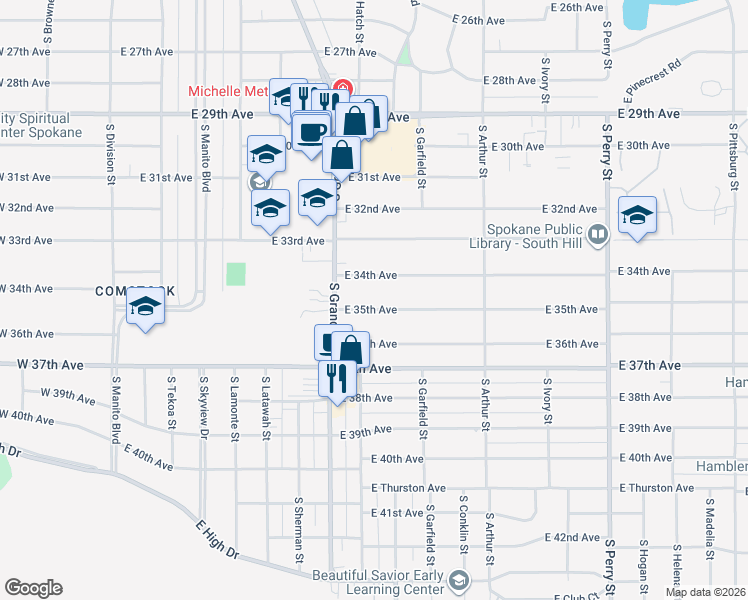 map of restaurants, bars, coffee shops, grocery stores, and more near 622 East 34th Avenue in Spokane