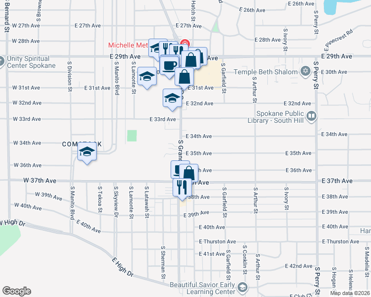 map of restaurants, bars, coffee shops, grocery stores, and more near 3334 South Grand Boulevard in Spokane