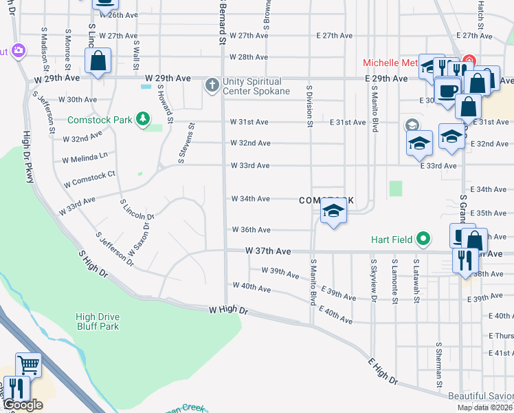 map of restaurants, bars, coffee shops, grocery stores, and more near 116 West 34th Avenue in Spokane