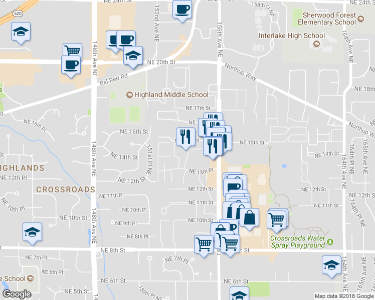 map of restaurants, bars, coffee shops, grocery stores, and more near 15416 Northeast 15th Place in Bellevue