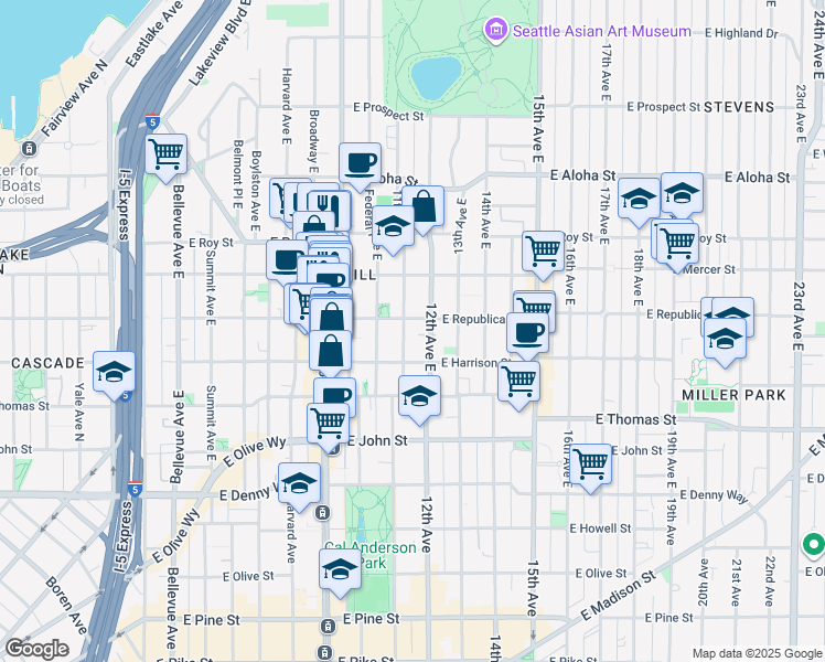 map of restaurants, bars, coffee shops, grocery stores, and more near 510 11th Avenue East in Seattle